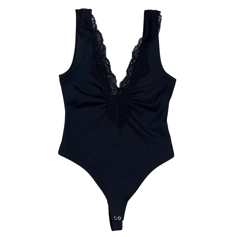 Free People Intimately First Call Bodysuit‎ Womens Small Black Lace Trim V-Neck